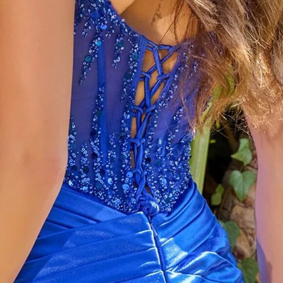 New Sequins Embellished Maxi Prom Satin Dress w/ Lace Up Back & Leg Slit GL3702 - Picture 11 of 13